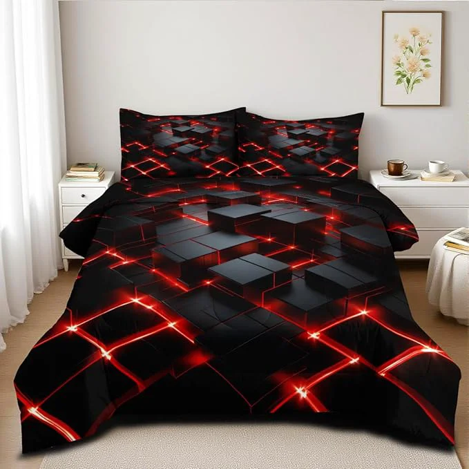 Sophisticated Red Black Geometric Comforter Set King Size 3D Stereoscopic Square Bedding Set Glowing Neon Geometry Bedding Sets 3 Piece Soft Microfiber Down Comforter Sets for All Season Trendy