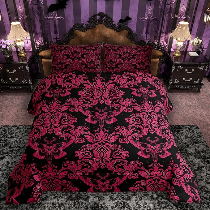 Clean Feelyou Adults Pink Vintage Damask Floral Comforter Set Oriental Antique Comforter Full Size Gothic Bohemia Boho Flower Bedding Set Gothic Skull Duvet Set Quilt Set 3Pcs Fine Crafted