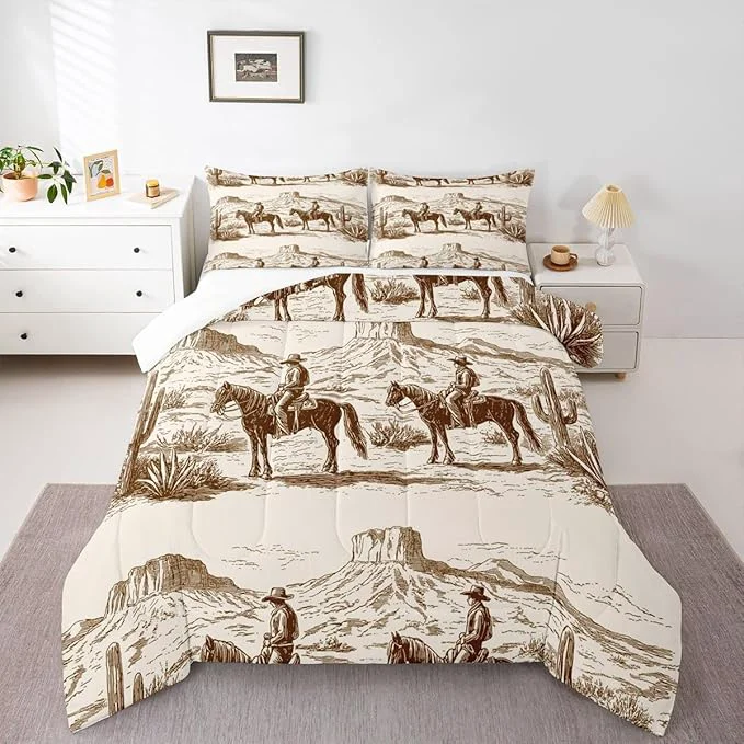Elegant Wild West Comforter Set Queen Cowboys Bedding For Man Teens Boy American Western Desert Hunting Horse Riding Bedding Comforter Sets Hand Drawn Illustration Mountain Cactus Room Decor Duvet Insert Premium Material