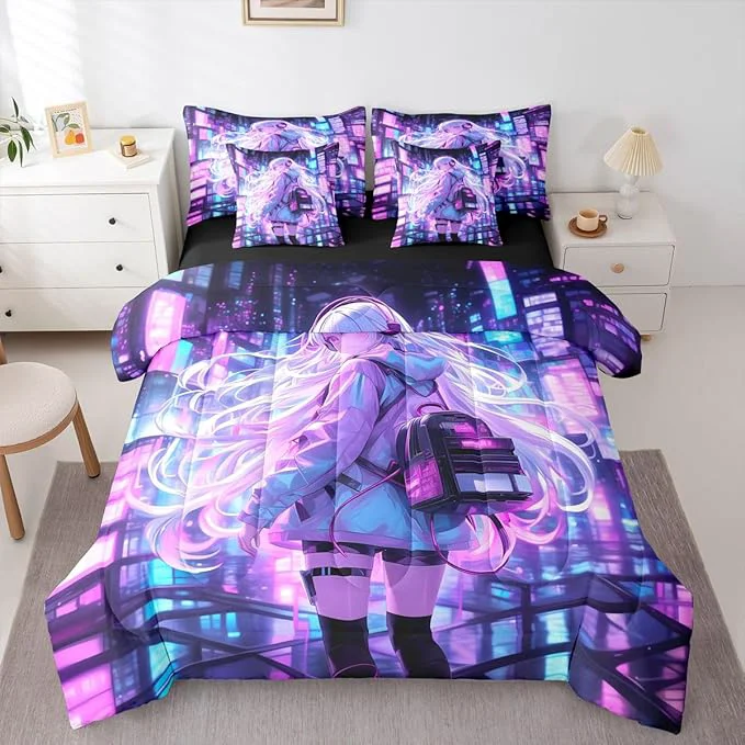 Relaxed Erosebridal Japanese Girl Bed in A Bag Girly Anime Bedding Set for Kids Sci Fi Style Gaming Full Comforter Set 7 Piece Room Decor 3D Cartoon Anime Girl Bed Set Unique