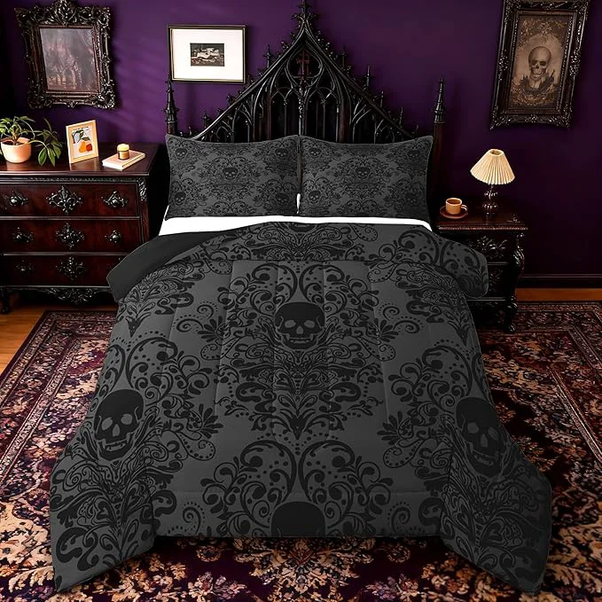 Prestigious Feelyou Adults Gothic Skull Bedding Set Queen Size Kids Damask Print Comforter Goth Bohemian Duvet Breathable Soft Lightweight Microfiber Dark Olive Green Room Decor with 2 Pillowcases Secure