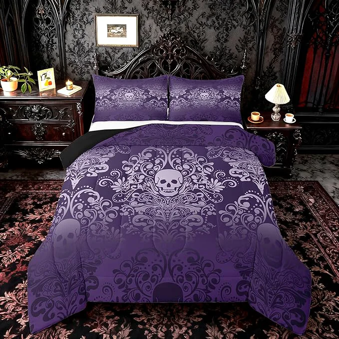 Long-Lasting Feelyou Adults Gothic Skull Bedding Set Queen Size Kids Damask Print Comforter Goth Bohemian Duvet Breathable Soft Lightweight Microfiber Purple Room Decor with 2 Pillowcases Organic