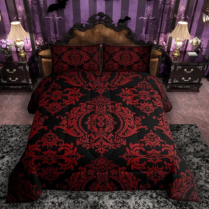 High-Grade Feelyou Adults Red Vintage Damask Floral Comforter Set Oriental Antique Comforter Queen Size Gothic Bohemia Boho Flower Bedding Set Bohemian Exotic Duvet Set Quilt Set 3Pcs Clean