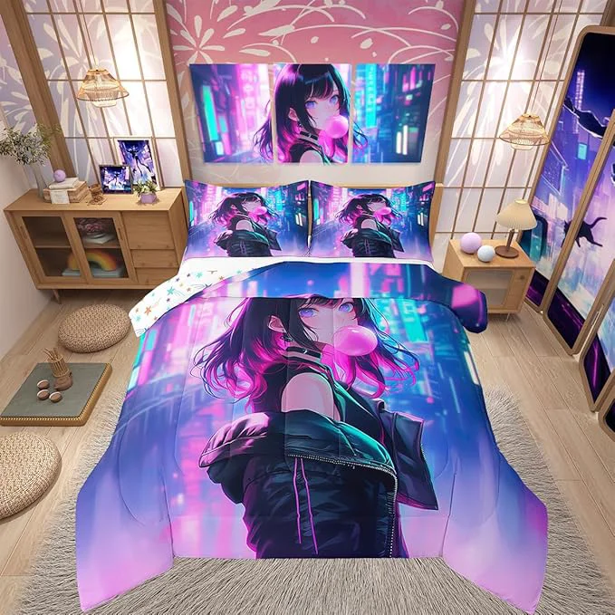 Original Design Erosebridal Anime Girl Comforter Set Toddler Size Kawaii Japanese Anime Quilt for Kids Boys Teens Adult Cartoon Girl Bedding Set Japan Animation Bedroom Decor Machine Washable Lightweight User-Friendly