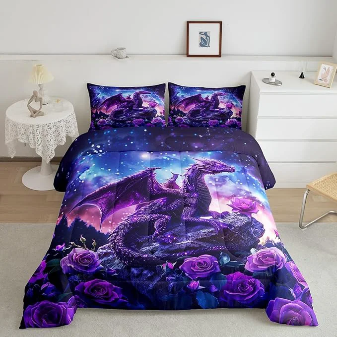 Trendy Purple Dragon Comforter Set Queen Size Blossom Flower Rose Bedding Set for Kids Boys Girls Room Decor Galaxy Starry Sky Nebula Duvet Insert 3Pcs Glitter Retro Wild Animal Quilt Set 2 Pillowcases Innovative