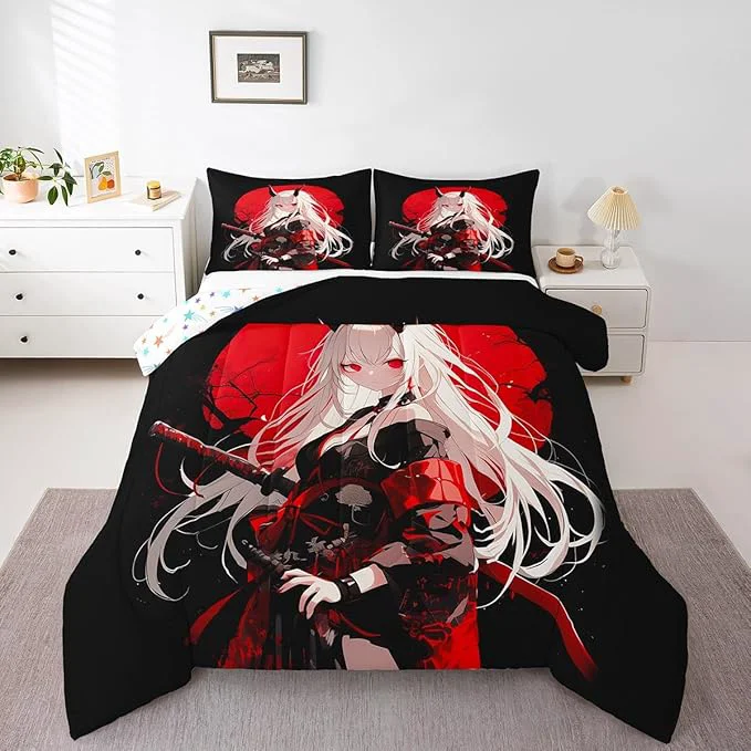 Elite Erosebridal Full Japanese Anime Bedding Set for Kids Anime Girl Comforter Set Kawaii Japanese Style Duvet Insert Cartoon Japan Animation Quilt for Boys Teens Adult Women Bedroom Red Black Dependable