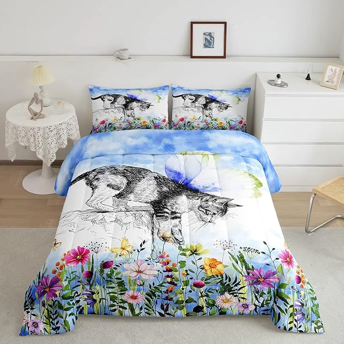 Dependable Erosebridal Cat Comforter Colorful Flower Bedding Set Cute Pet Animal Down Full Butterfly Floral Leaves Plant Duvet Black and White Kawaii Farmhouse Room Decor Blue 3Pcs Warm Soft Detailed