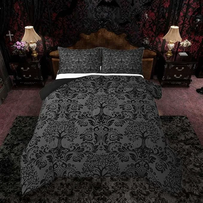 Sustainable Feelyou Adults Gothic Comforter Set Twin Size Dark Olive Green Damask Comforter Tree of Life Bohemia Boho Bedding Set Goth Duvet Set Vintage Victorian Baroque Floral Quilt Set 2Pcs Safe