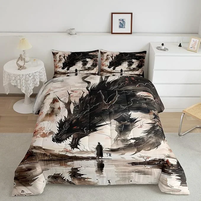 Fast Feelyou Dragon Comforter Set Full Size Japanese Style Comforter for Boys Girls Teens Samurai Bedding Set Japanese Ukiyoe Duvet Set Room Decor Black Beige Quilt Set Recyclable