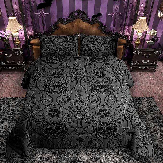 Specialty Feelyou Adults Black Vintage Damask Floral Comforter Set Oriental Antique Comforter Full Size Exotic Sugar Skull Rose Bedding Set Gothic Bohemia Boho Duvet Set Quilt Set 3Pcs Dependable