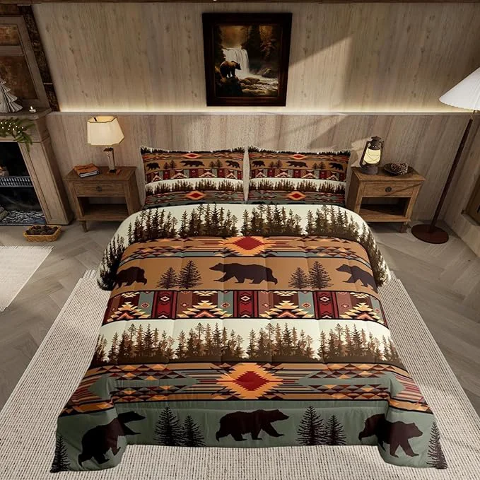 Stylish Feelyou Boho Comforter Set Toddler Size Bear Comforter for Boys Girls Teens Rustic Bedding Set Cabin Duvet Set Room Decor Olive Brown Quilt Set Effective