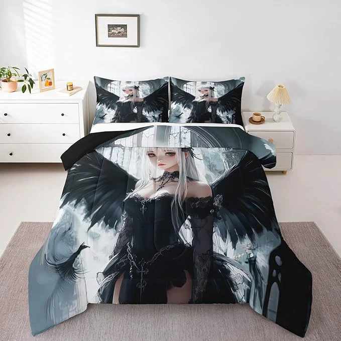 Long-Lasting Erosebridal Anime Girl Bedding Set Toddler Size Kawaii Japanese Anime Comforter for Kids Boys Teens Adult Cartoon Girl Quilt Japan Animation Bedroom Decor Machine Washable Black White Sophisticated