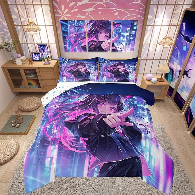 Safe Erosebridal Kids Anime Girl King Size Comforter Set Japanese Anime Bedding Set Cartoon Girl Quilt for Boys Teens Bedroom Decor Kawaii Japanese Animation Duvet Insert with 2 Pillow Cases Crafted