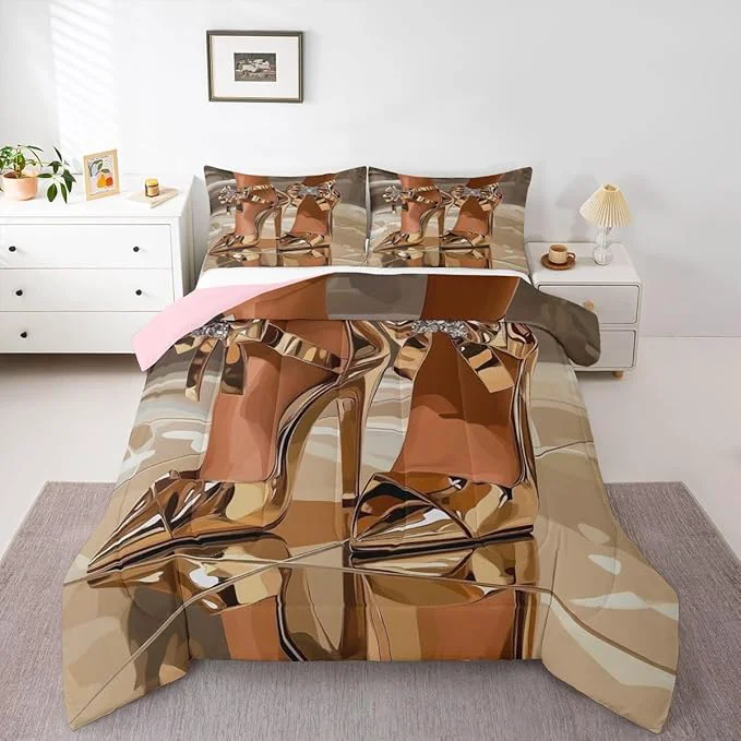 Pure Erosebridal High-Heels Girlish Girls Comforter Set Queen Size Romantic Fashion Bedding Set Fashionable Gorgeous Quilt for Kids Children Women Bedroom Decor Modern Minimalist Gold Down Comforter Original Design