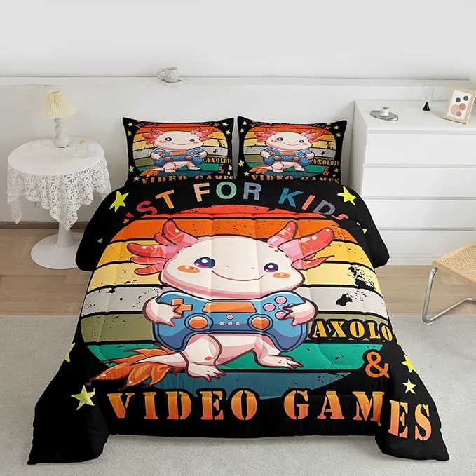 Soft Gamer Bedding Set Axolotl Comforter Set King Video Games Gaming Down Comforter For Kids Boys Girls Teens Rainbow Duvet Set Cute Wildlife Animal Bedroom Decor Pink Orange With 2 Pillow Cases Practical