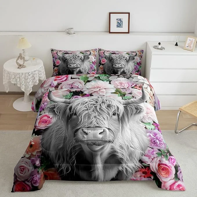 Fine Crafted Erosebridal Highland Cow Comforter Set Queen Size Rose Flower Bedding Set for Kids Girls Boys Teens Adult Western Wild Animal Bull Cattle Down Comforter Funny Farmhouse Comforter Pink Grey Expertly Made