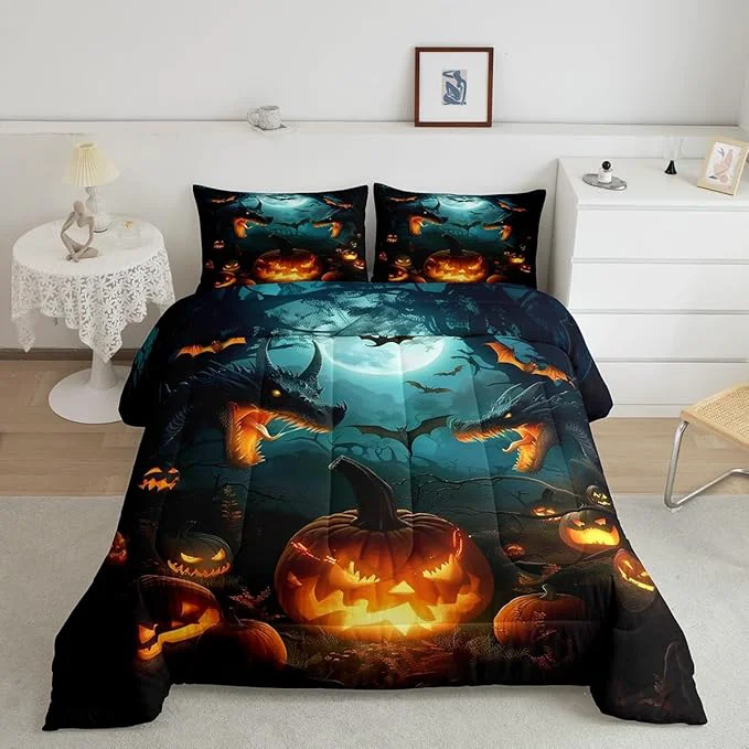 Clean Dragon Pumpkin Comforter Set Queen Size Bat Moon Tree Branch Horror Bedding Set for Kids Boys Girls Room Decor Happy Halloween Duvet Insert 3Pcs Retro Wild Animal Moonlight Quilt Set 2 Pillowcases Quality