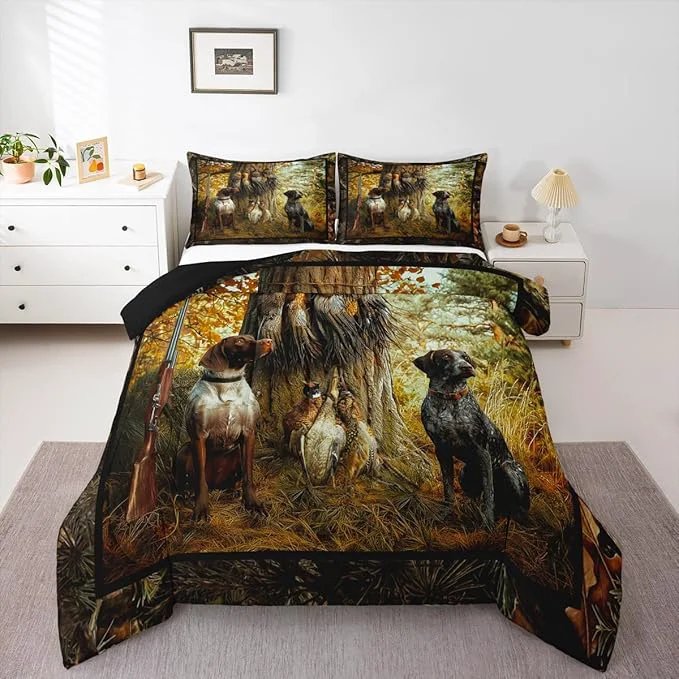 Dependable Erosebridal Pheasant Hunting Comforter Set Queen Size Black Dog Bedding Set Boho Farmhouse Wild Animals Down Comforter Woodland Leaves Hunter Gun Room Decor Quilt Set for Men Boys Adults Kid Stylish