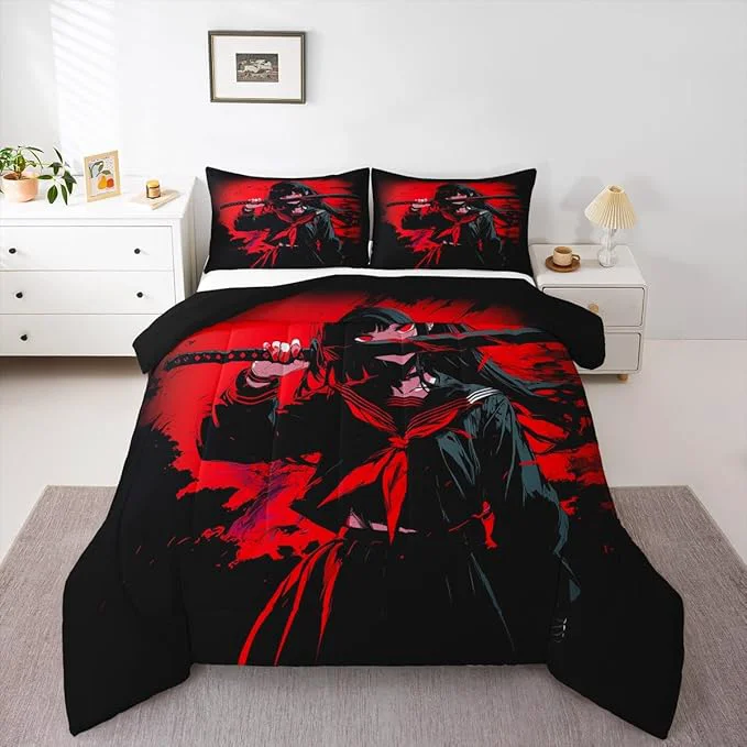 Professional Erosebridal Japanese Anime Bedding Set for Kids Anime Girl Comforter Set Twin Size Japanese Girl Duvet Insert for Girls Teens Adult Room Kawaii Animation Red Black Quilt Machine Washable Reliable