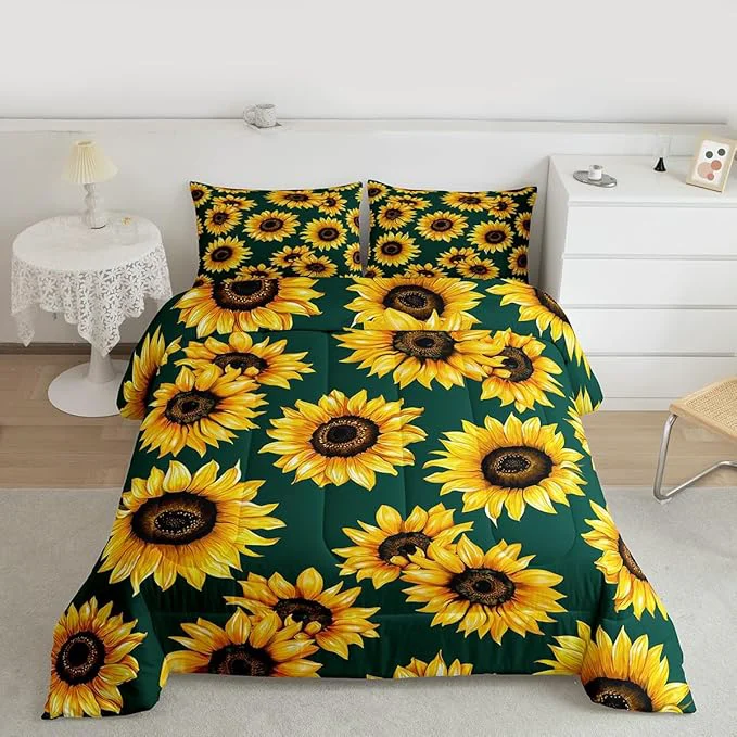 World-Class Erosebridal Sunflower Comforter Set King Size 3D Floral Bedding Set for Kids Girls Women Adult Yellow Floral Down Comforter Botanical Flower Print Green Quilt Set Blossom Garden Duvet Set Long-Lasting