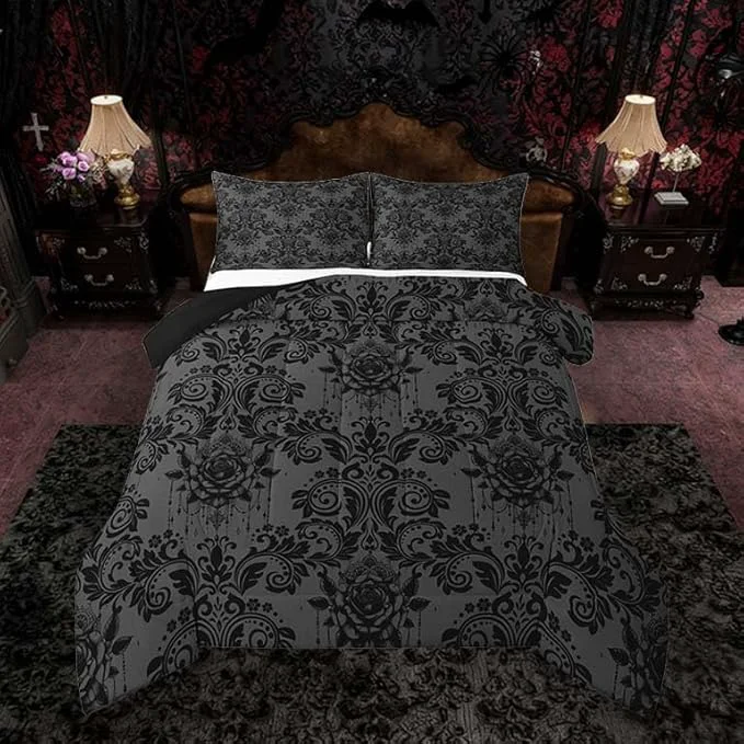 Original Feelyou Adults Gothic Comforter Set All Season Dark Olive Green Damask Bedding Set with 2 Pillow Cases Vintage Rose Microfiber Kids Full Bedroom Decor Duvet Quilt Breathable Soft Lightweight High-Performance