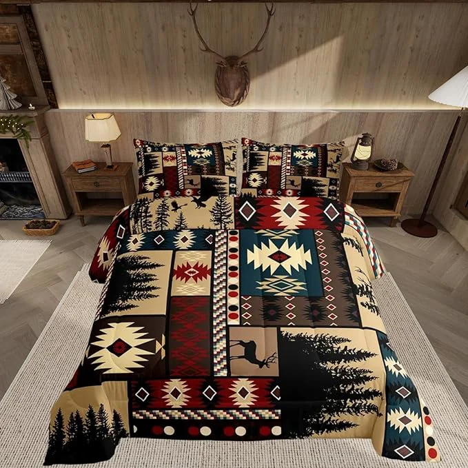 Green Feelyou Boho Comforter Set Full Size Rustic Comforter for Boys Girls Teens Cabin Bedding Set Vinatge Duvet Set Room Decor Brown Quilt Set High-Performance