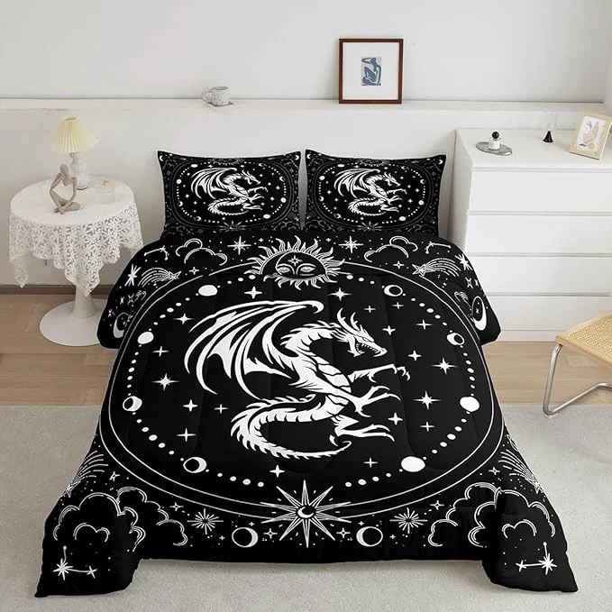 Versatile Black White Dragon Comforter Set Full Size Cloud Galaxy Sun Moon Stars Bedding Set for Kids Girls Boys Teens Room Decor Western al Boho Style Quilt Set Exotic Luxury Duvet Insert 2 Pillowcases Relaxed
