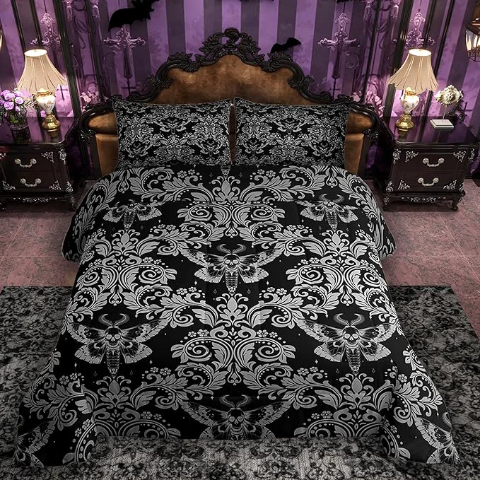 Specialty Feelyou Adults White Black Vintage Damask Floral Comforter Set Oriental Antique Comforter Queen Size Gothic Bohemia Boho Flower Bedding Set Gothic Skull Duvet Set Quilt Set 3Pcs Functional