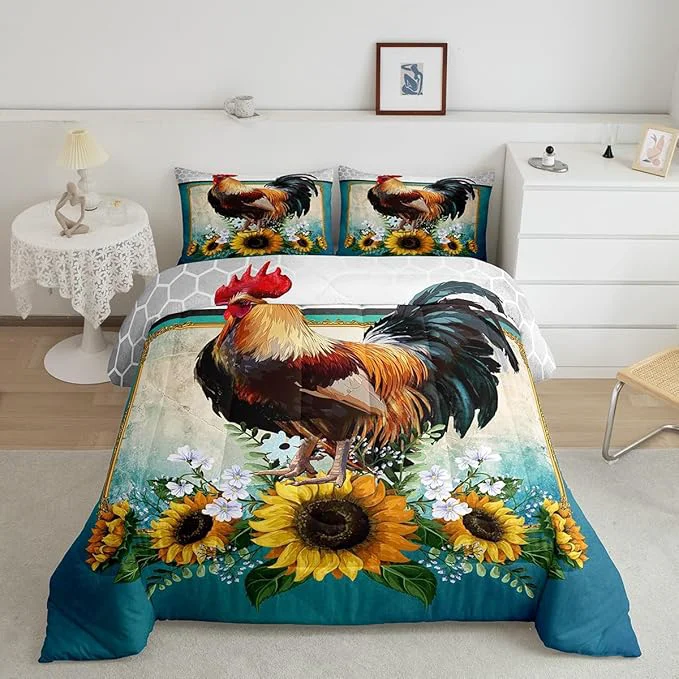 Secure Erosebridal Chicken Comforter Set King Size Sunflower Bedding Grey Honeycomb Blue Yellow Rooster Down Farmhouse Wild Animal Leaves Room Decor Comforters amp Sets for Adult Kids Boys Multi 121 User-Friendly