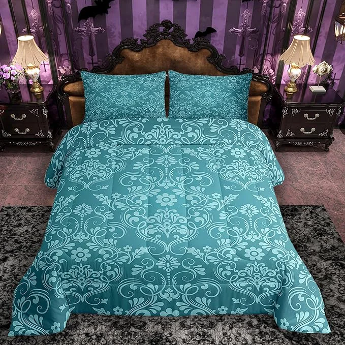 Reliable Feelyou Adults Teal Vintage Damask Floral Comforter Set Oriental Antique Comforter Queen Size Gothic Bohemia Boho Flower Bedding Set Bohemian Exotic Duvet Set Quilt Set 3Pcs Casual