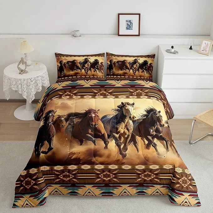 High-Grade Feelyou Boho Comforter Set Toddler Size Horses Comforter Southwestern Native Aztec Bedding Set Retro Exotic Boho Duvet Set Room Decor Dark Brown Quilt Set Luxury