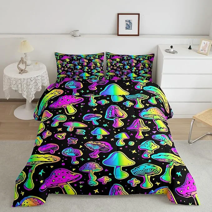Minimalist Mushroom Comforter Set King Cute Mushroom Comforter for Kids Girls Boys Cartoon Tie Dye Bedding Sets Teal Purple Neon Ombre Down Comforter Wild Colorful Botanical Quilt Set Consistent