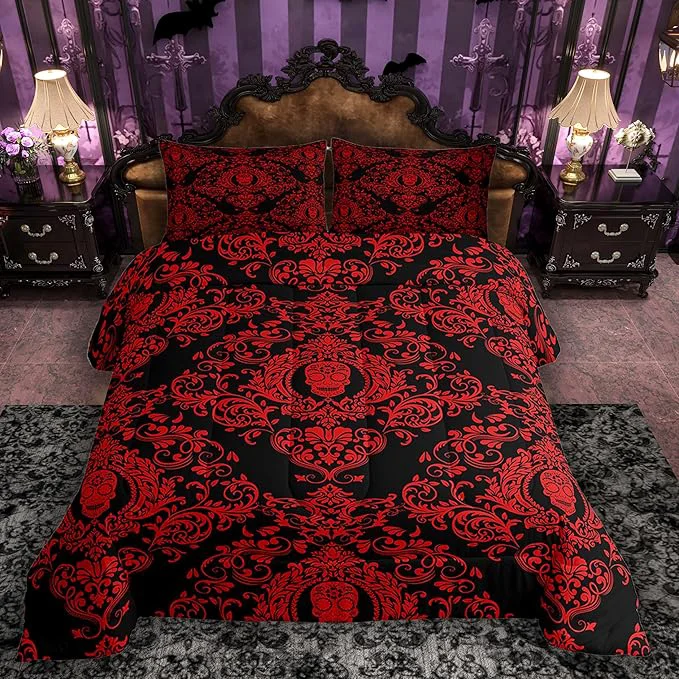 Healthy Feelyou Adults Red Vintage Damask Floral Comforter Set Oriental Antique Comforter Queen Size Gothic Bohemia Boho Bedding Set Exotic Sugar Skull Duvet Set Quilt Set 3Pcs High-End