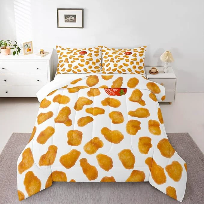 Smooth Erosebridal Chicken Nuggets Fried Comforter Set for Kids Boys Girls Teens Adult Food Bedding Set Queen Size Funny Food Down Comforter Men Women Duvet Set Bedroom Decor Yellow Artisan