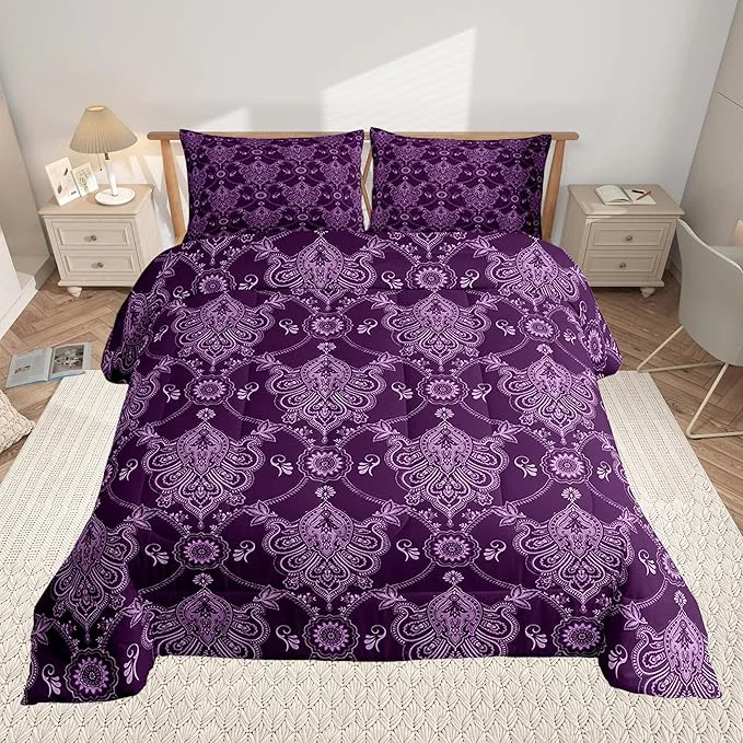 Soft Feelyou Adults Purple Vintage Damask Floral Comforter Set Antique Drawing Classical Paisley Comforter Twin Size Gothic Bohemia Boho Floral Bedding Set Hotel Style Duvet Set Quilt Set 2Pcs Smart