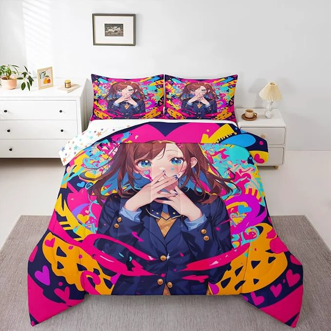 Easy-to-Use Erosebridal Anime Girl King Bedding Set Japanese Anime Comforter Set 3 Piece for Kids Girls Teens Adult Bedroom Decor Cartoon Girl Quilt Kawaii Japanese Animation Bedding Comforter Sets Sustainable