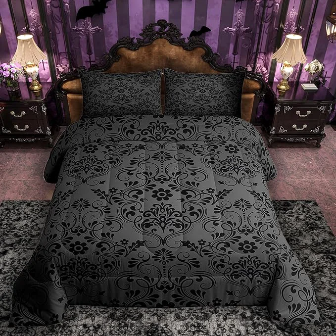 High-Quality Feelyou Adults Black Vintage Damask Floral Comforter Set Oriental Antique Comforter Queen Size Gothic Bohemia Boho Flower Bedding Set Bohemian Exotic Duvet Set Quilt Set 3Pcs Safe