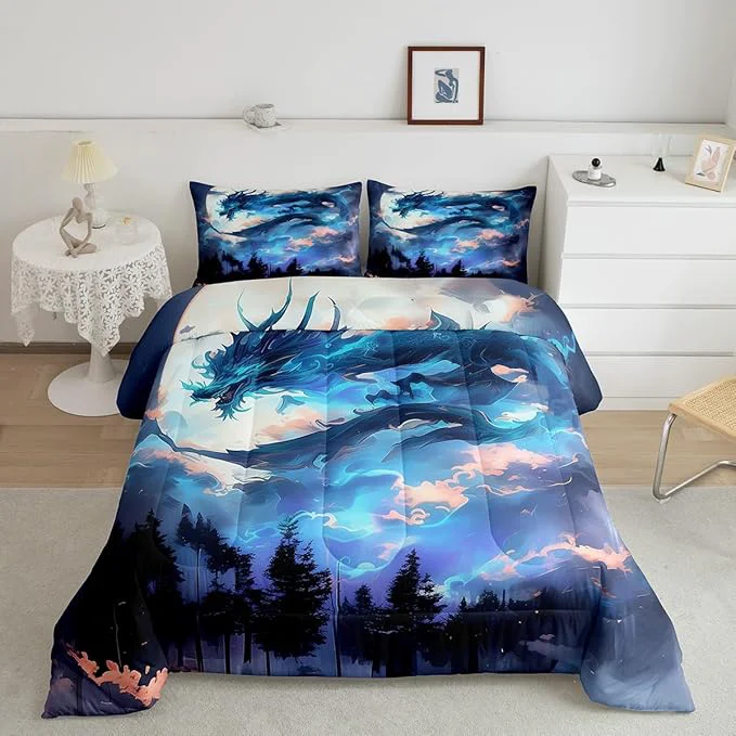 Superior Dragon Comforter Set Full Size Blue Western al Animals Bedding Set Kids Boys Girls Room Decor Trippy Style Wildlife Theme Quilt Set Moon Starry Sky Volcano Lightning Duvet Insert 2 Pillowcases Versatile