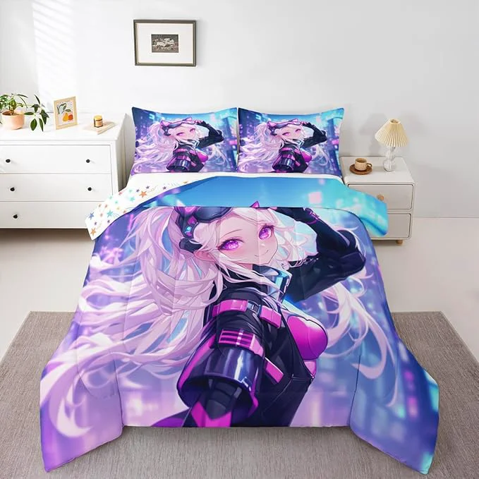 Trendy Erosebridal Girls Japanese Anime Bedding Set King Kawaii Anime Girl Comforter Set Cartoon Girl Quilt for Kids Teens Adult Women Japanese Animation Sci Fi Style Duvet Insert Blue Purple Relaxed