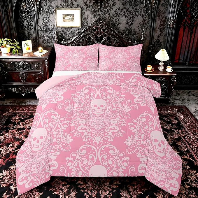 Verified Feelyou Adults Gothic Skull Bedding Set King Size Kids Damask Print Comforter Goth Bohemian Duvet Breathable Soft Lightweight Microfiber Pink White Room Decor with 2 Pillowcases Smart
