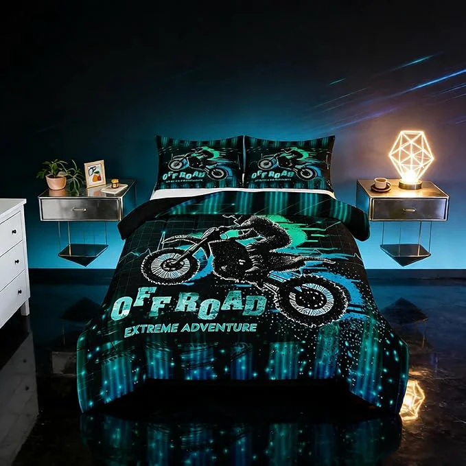 Fashionable Feelyou Dirt Bike Comforter Set Full Size Extreme Sports Comforter Racing Motocross Rider Bedding Set Motorcycle Duvet Set Room Decor Blue Green Quilt Set Advanced