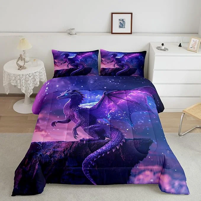 3D Purple Dragon Comforter Set King Size Galaxy Nebula Starry Sky Fantasy Bedding Set for Kids Boys Girls Room Decor al Wild Animal Duvet Insert 3Pcs Modern Trippy Quilt Set 2 Pillowcases Breathable