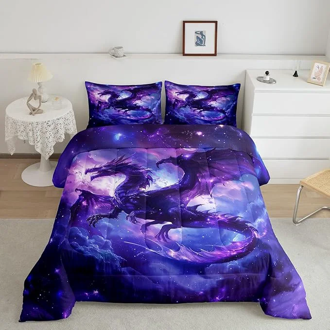Traditional Dragon Comforter Set Queen Size al Animals Bedding Set 3Pcs Kids Girls Boys Teens Bedroom Decor Outer Space Starry Sky Quilt Set Purple Western Wildlife Theme Duvet Insert 2 Pillowcases Contemporary