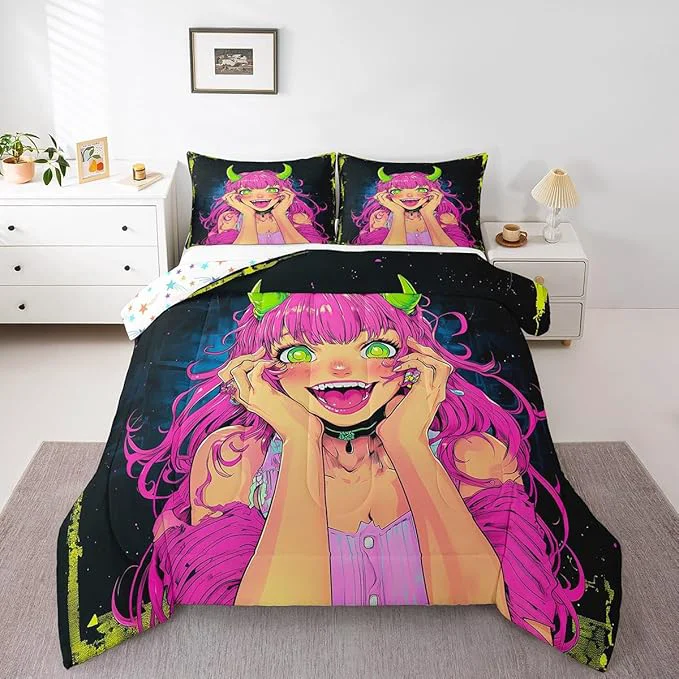 Consistent Erosebridal Anime Girl Comforter Set Twin Size Japanese Anime Bedding Set for Kids Boys Teens Bedroom Decor Cartoon Girl Quilt Kawaii Japanese Animation Duvet Insert with 1 Pillow Case Original Design