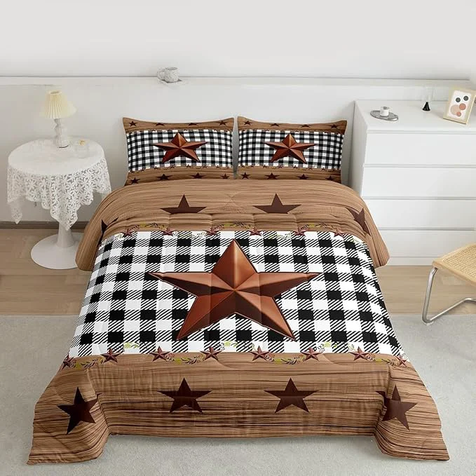 Casual Western Texas Star Comforter Set King Farmhouse Black Plaid Bedding Brown Vintage Country Star Bedding Comforter Sets Retro Rustic Checked Grid Bedroom Decor Wooden Grain Quilt For Kids Boys Girls Secure
