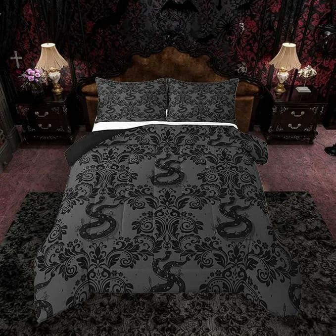 Professional Feelyou Adults Gothic Bedding Set Soft for Boys Girls Dark Olive Green Damask Comforter Set Twin Size Snake Duvet Quilt Microfiber Bedroom Decor 2 Pcs with 1 Pillow Cases Enhanced