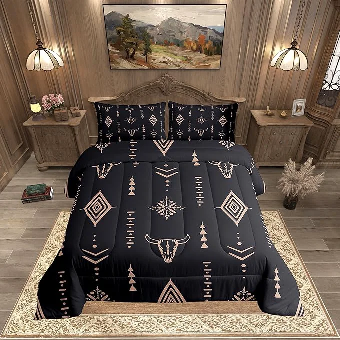 Selected Bull Skull Comforter Set Twin Boho Bedding Ethnic Horns Bohemian Bedding Comforter Sets Black Brown Tribal Symbol Mysterious Aztec Bedroom Decor Abstract Geometric Duvet Insert for Men Boys Original