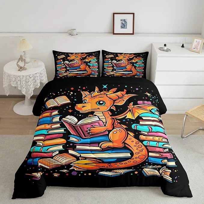 Unique Western Dragon Comforter Set King Size Glitter Star Polka Dot Bedding Set for Kids Boys Girls Room Decor Book Cartoon Animal Pattern Duvet Insert 3Pcs Wildlife Black Quilt Set 2 Pillowcases Innovative