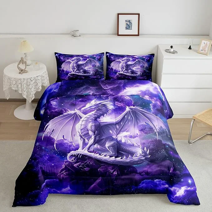 Soft 3D Dragon Comforter Set Queen Size Galaxy Starry Sky Bedding Set for Kids Boys Girls Room Decor Glitter Nebula Outer Space Duvet Insert 3Pcs Western al Animal Purple Quilt Set 2 Pillowcases Fast