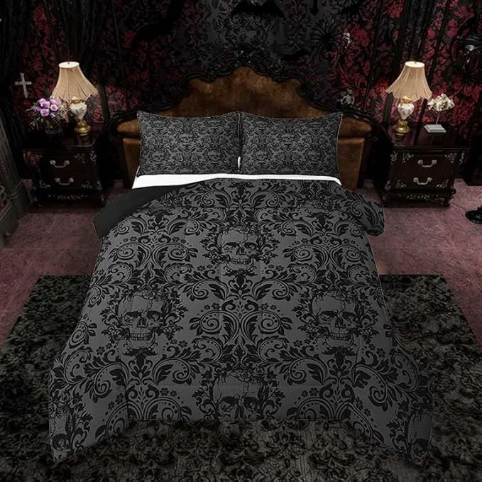 Casual Feelyou Adults Gothic Comforter Set Twin Size Dark Olive Green Damask Comforter Skull Bohemia Boho Bedding Set Goth Duvet Set Vintage Victorian Baroque Floral Quilt Set 2Pcs Unique